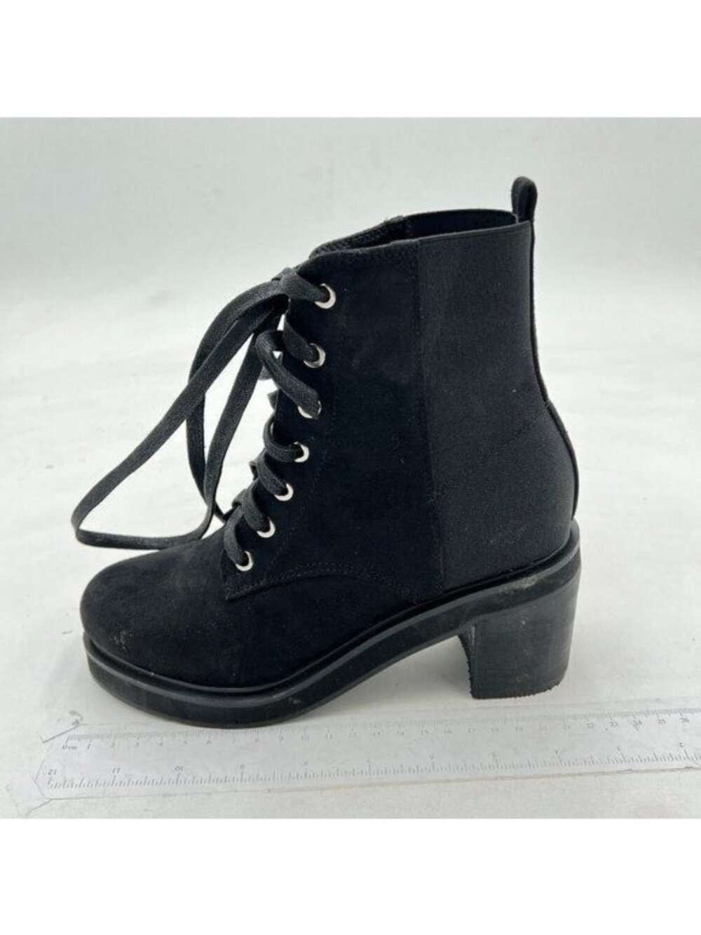 Second Lug Sole Chunky Heel Combat Ankle Bootie Lace up w/Side Zipper Black